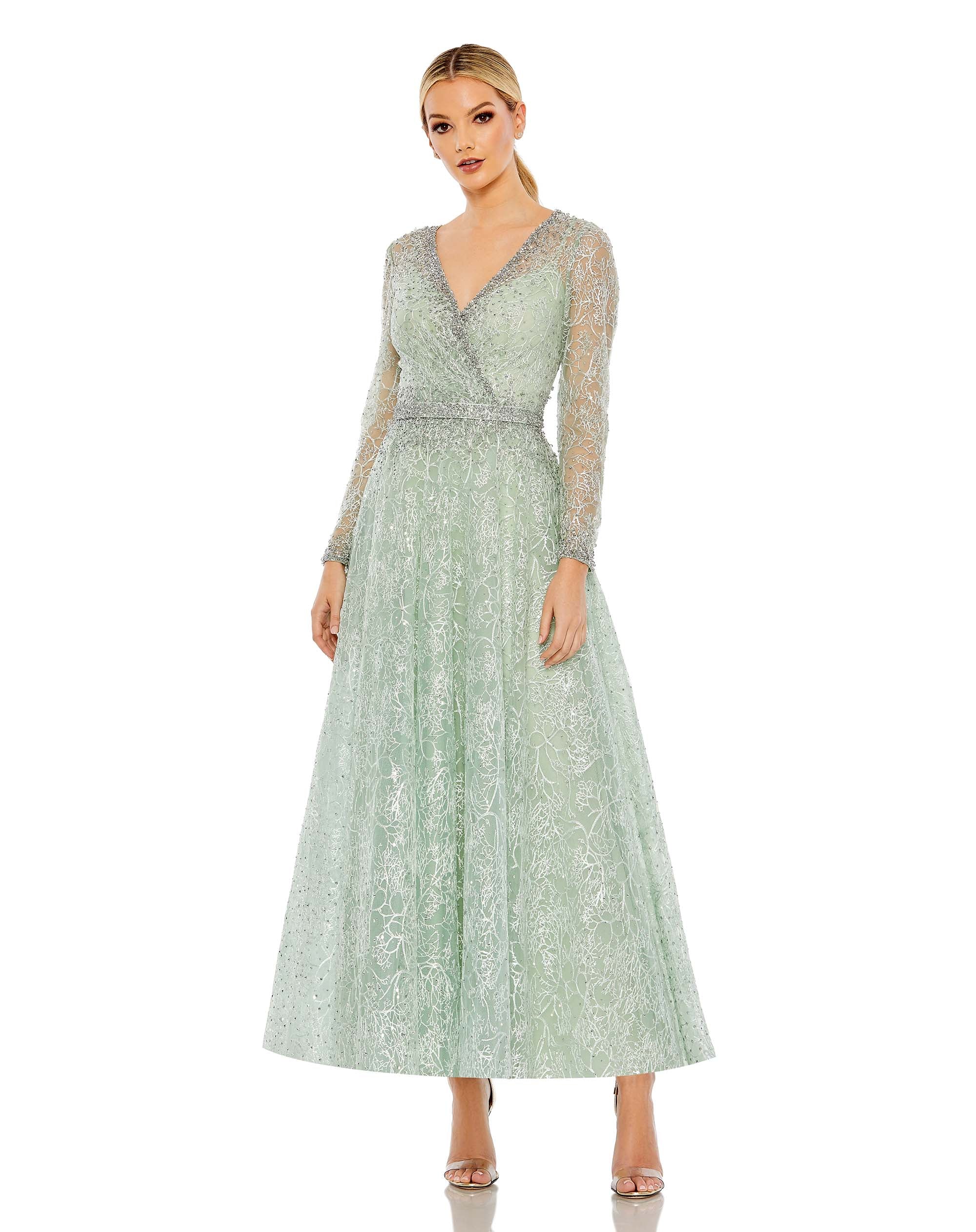 Mac Duggal Floral Lace Embroidered Crew Neck Long Sleeve Gown | Dillard's
